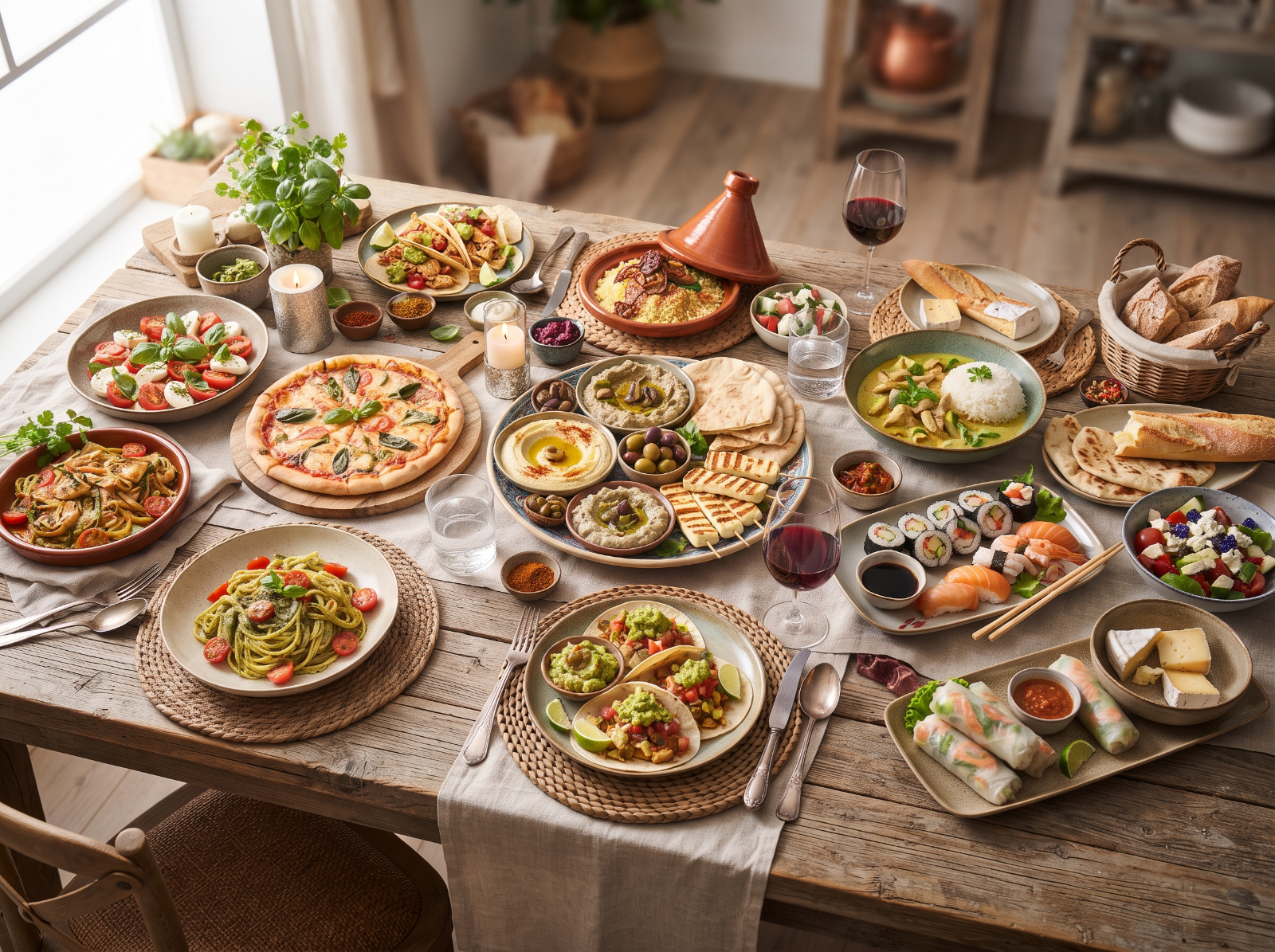 A vibrant culinary spread with dishes from various cuisines, artfully arranged on a wooden table.
