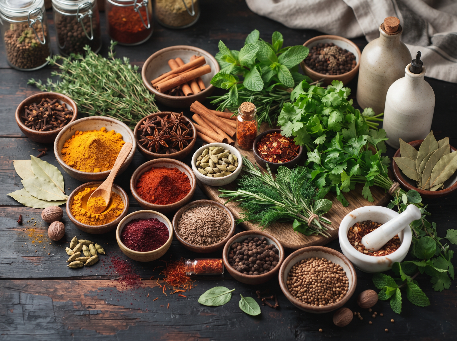 A colorful array of exotic spices and fresh herbs, artfully arranged.